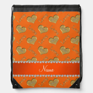 Personalized name orange gold hearts mom love drawstring bag