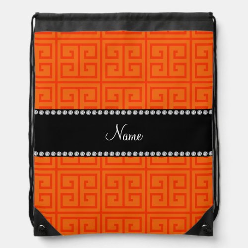 Personalized name orange greek key pattern drawstring bag