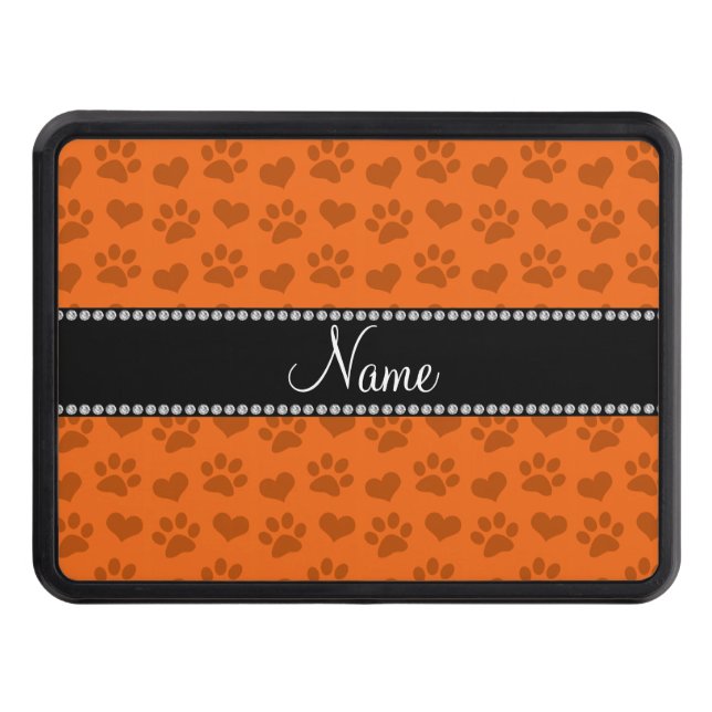 Personalized name orange hearts and paw prints hitch cover (Front)