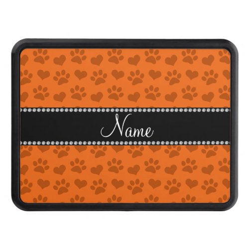 Personalized name orange hearts and paw prints hitch cover