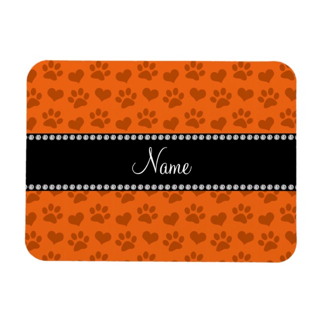 Personalized name orange hearts and paw prints magnet (Horizontal)