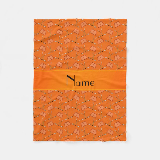 Personalized name orange hockey pattern fleece blanket (Front)