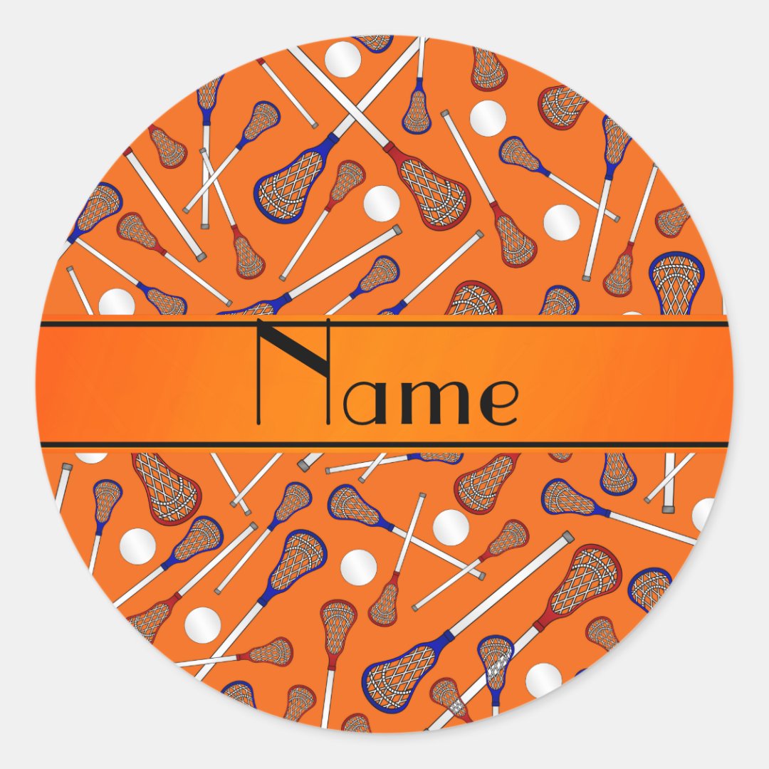 Personalized name orange lacrosse pattern classic round sticker Zazzle