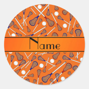 Personalized name orange lacrosse pattern classic round sticker