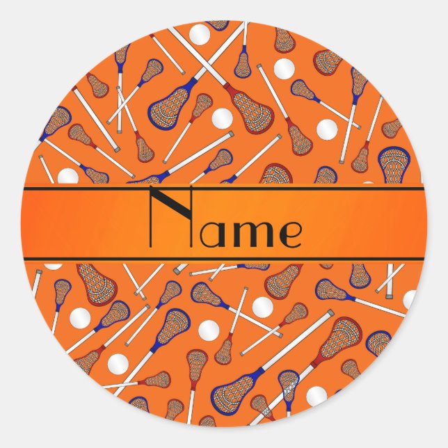 Personalized name orange lacrosse pattern classic round sticker (Front)