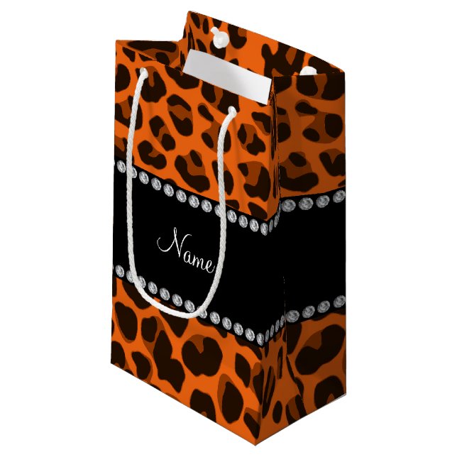 Personalized name orange leopard pattern small gift bag (Front Angled)