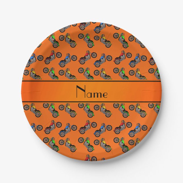 Personalized name orange motorcycles paper plates (Front)