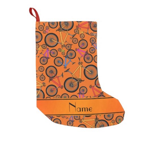 Personalized name orange mountain bikes small christmas stocking