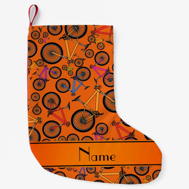 Personalized name orange mountain bikes small christmas stocking (Front)