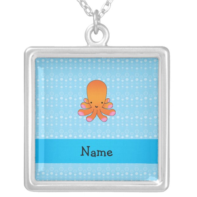 Personalized name orange octopus blue bubbles silver plated necklace (Front)