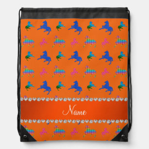 Personalized name orange patterned horses drawstring bag