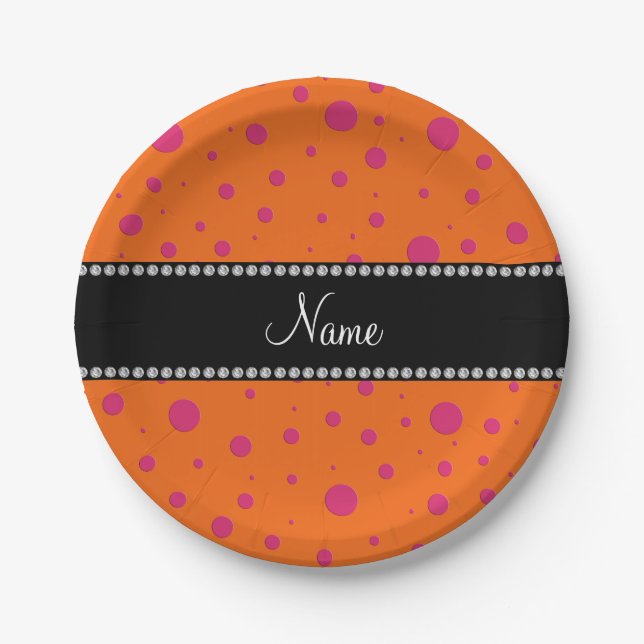 Personalized name orange pink polka dots paper plates (Front)