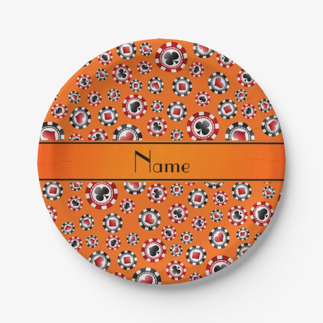 Personalized name orange poker chips paper plates (Front)