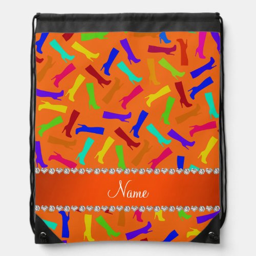 Personalized name orange rainbow boots drawstring bag