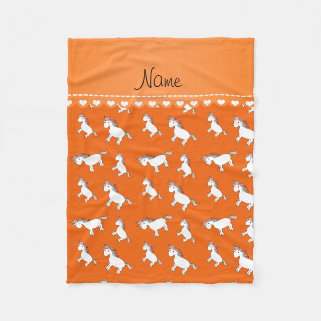Personalized name orange rainbow unicorns fleece blanket (Front)