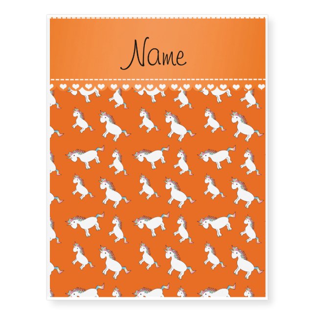 Personalized name orange rainbow unicorns temporary tattoos (Front)