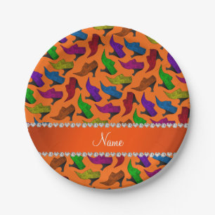Personalized name orange rainbow vintage shoes paper plates