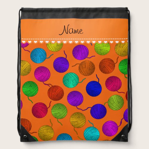 Personalized name orange rainbow yarn balls drawstring bag