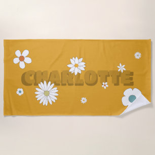 Personalized Name Orange Retro Style Flowers Beach Towel