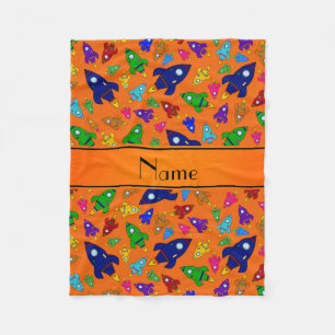 Personalized name orange rocket ships fleece blanket