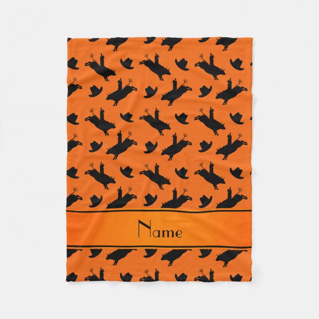 Personalized name orange rodeo bull riding pattern fleece blanket (Front)