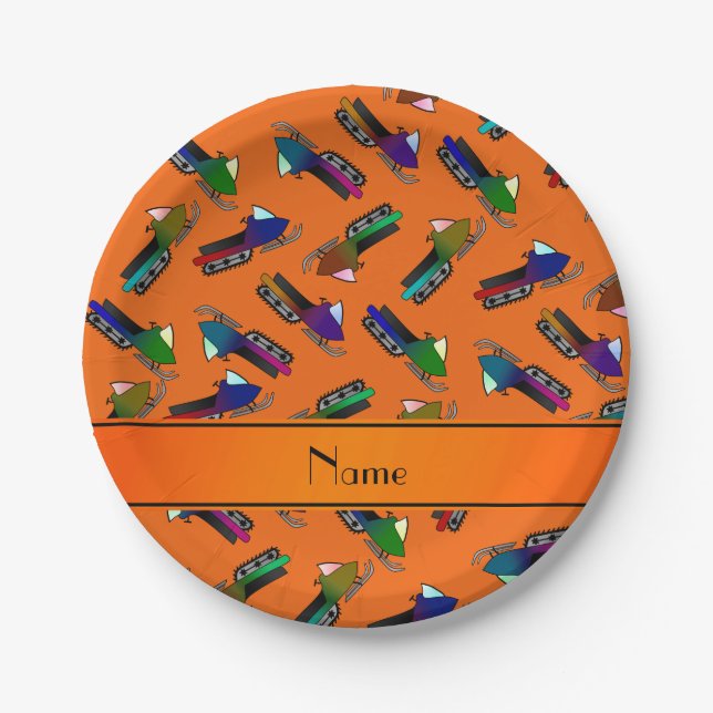 Personalized name orange snowmobiles paper plates (Front)