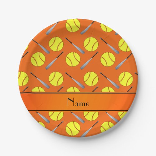 Personalized name orange softball pattern paper plates