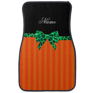 Personalized name orange stripes green leopard bow car mat