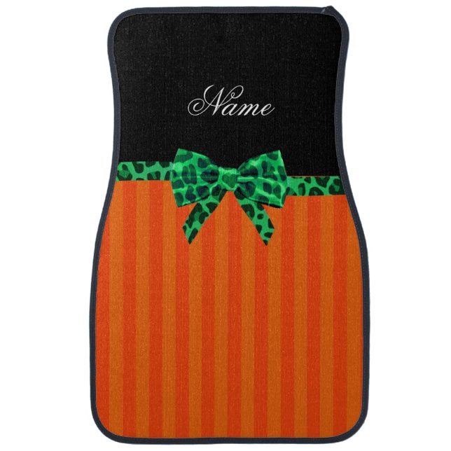 Personalized name orange stripes green leopard bow car mat (Front)