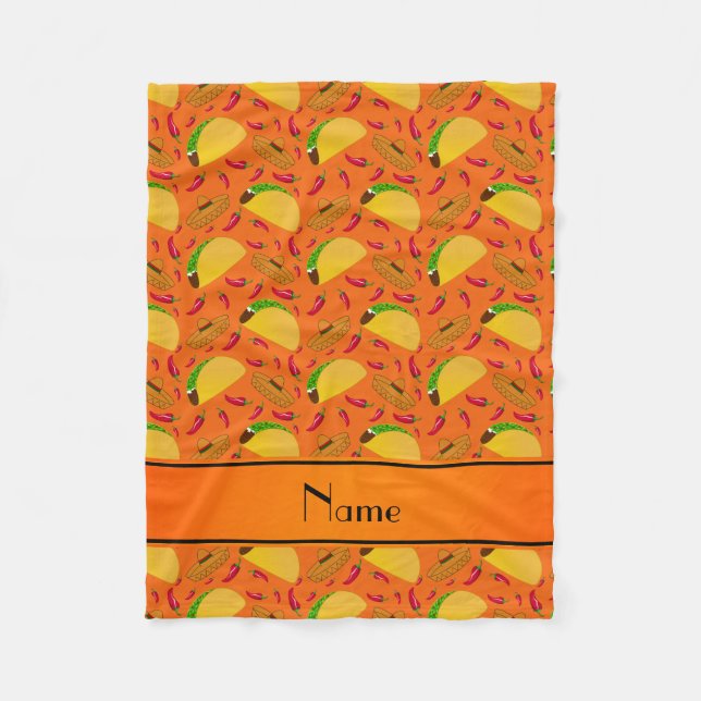 Personalized name orange tacos sombreros chilis fleece blanket (Front)