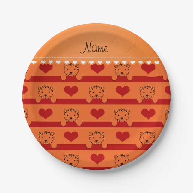 Personalized name orange tigers red hearts stripes paper plates (Front)