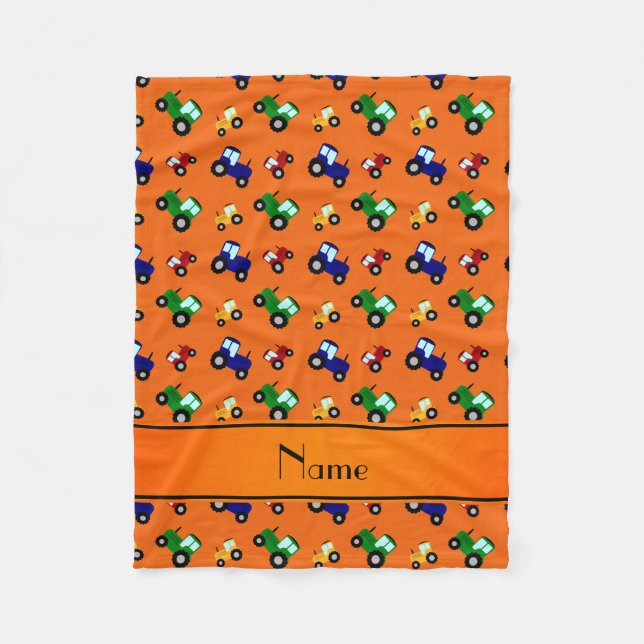 Personalized name orange tractors fleece blanket (Front)