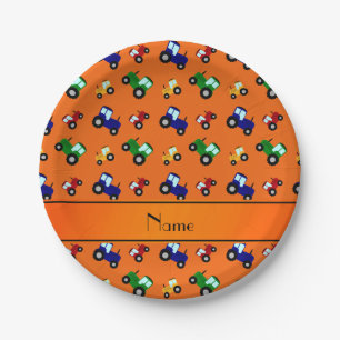 Personalized name orange tractors paper plates