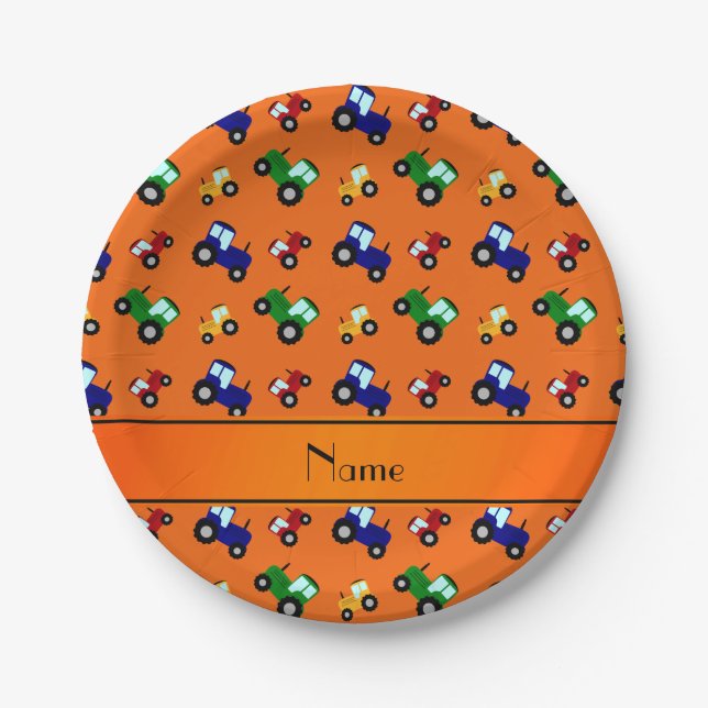 Personalized name orange tractors paper plates (Front)