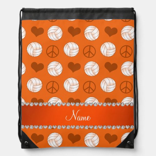 Personalized name orange volleyballs peace hearts drawstring bag
