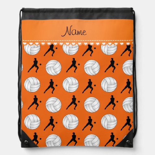Personalized name orange volleyballs silhouettes drawstring bag