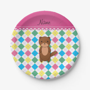 Personalized name otter rainbow argyle paper plates