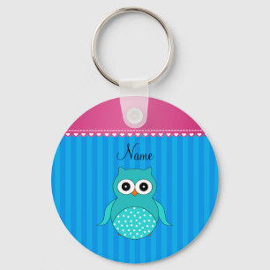 Personalized name owl blue stripes keychain