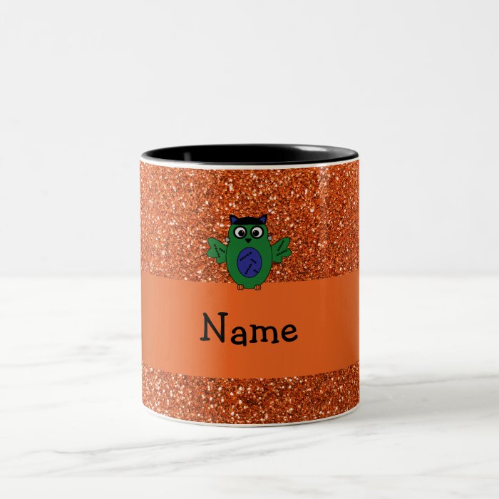 Personalized name owl frankenstein orange glitter coffee mug