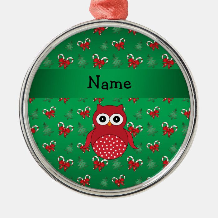 Personalized name owl green candy canes bows christmas tree ornaments