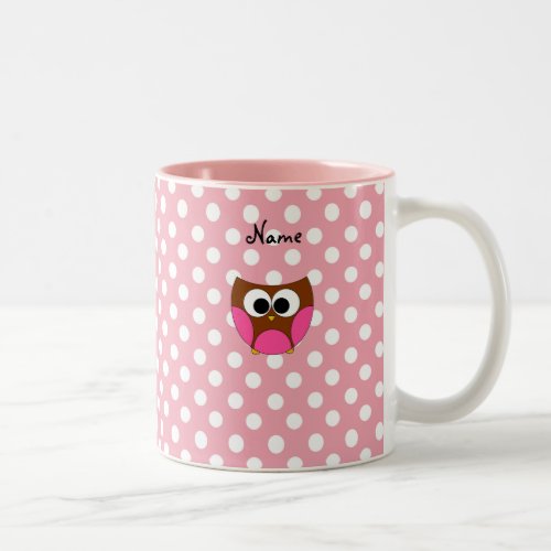 Personalized name owl pink white polka dots Two_Tone coffee mug