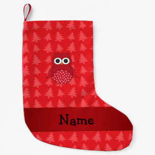 Personalized name owl red christmas trees small christmas stocking