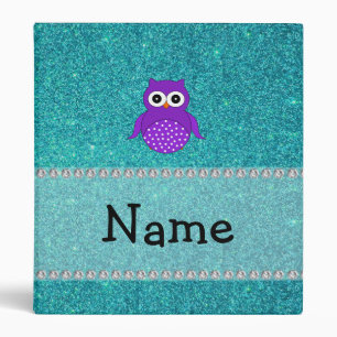 Personalized name owl turquoise glitter 3 ring binder