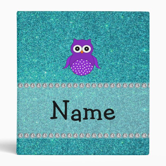 Personalized name owl turquoise glitter 3 ring binder (Front)