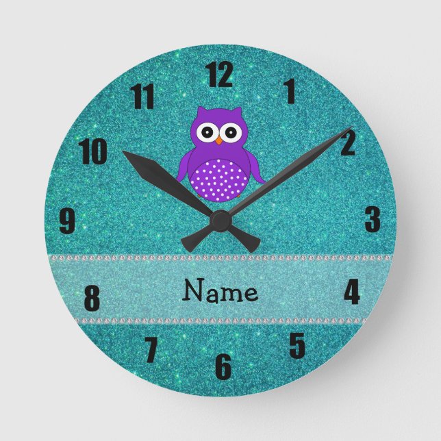 Personalized name owl turquoise glitter round clock (Front)