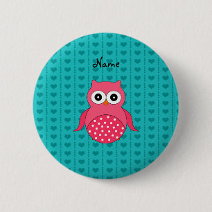 Personalized name owl turquoise hearts pinback button