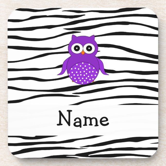 Personalized name owl zebra stripes beverage coaster (Front)