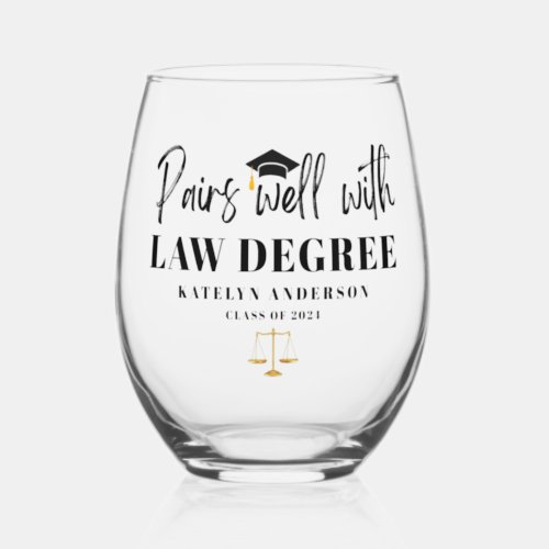 Personalized Name Pairs Well with Law Degree Stemless Wine Glass