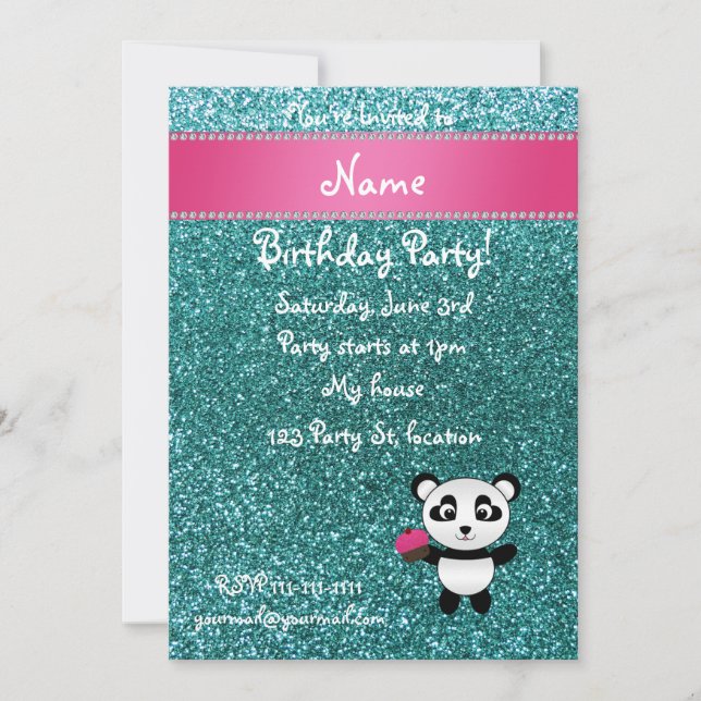 Personalized name panda cupcake turquoise glitter invitation (Front)