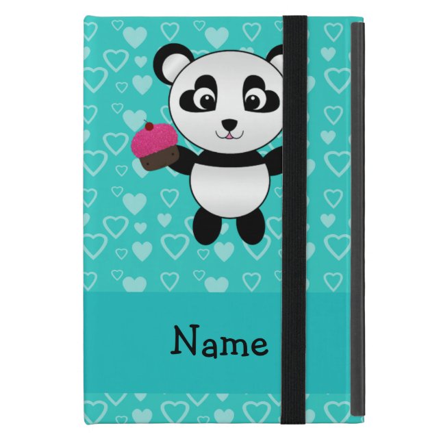 Personalized name panda cupcake turquoise hearts iPad mini case (Front Closed)